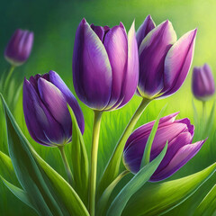 Close up macro image of violet tulips on a green grass background..