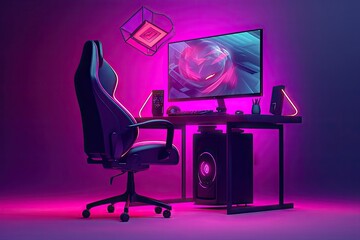 Gamer PC setup table, chair computer, purple background, gital illustration AI