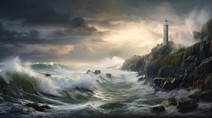 Dramatic rocky cliffs crashing waves rugged coastal - obrazy, fototapety, plakaty