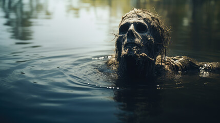 Scary zombie is swimming in the lake. Horrible human skull in the water. Halloween concept. Horror. - obrazy, fototapety, plakaty