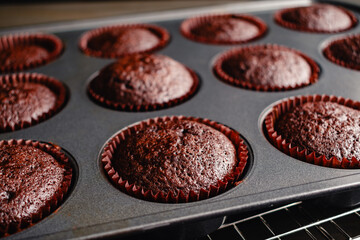 Freshly Baked Chocolate Cupcakes Cooling in the Pan: Close-up view of homemade chocolate cupcakes cooling in a non-stick muffin tin