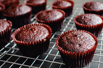 Freshly Baked Chocolate Cupcakes on a Cooling Rack: Close-up view of homemade chocolate cupcakes cooling on a wire rack