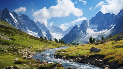 Naklejka na ściany i meble Majestic snow-covered peaks alpine meadows serene