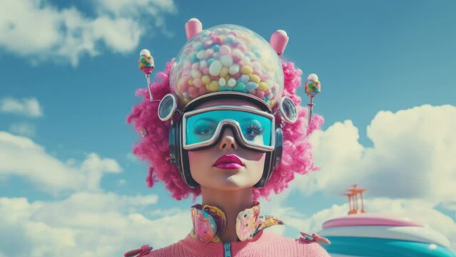 Beautiful science fiction female robot with candy