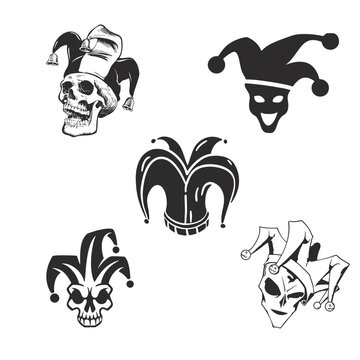 a skull in a jester's hat with three bells on it. Black and white tattoo and sticker set in vector format EPS 10