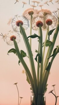 Bouquet of airy dandelions on a pink background, the arrival of spring flower allergies