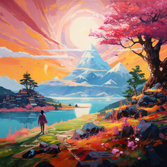 Obraz na płótnie Canvas Anime landscape vibrant colors