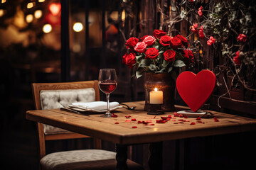 Romantic dinner for Valentine's Day by candlelight, flowers, red roses