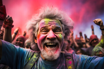 Obraz premium Colorful Holi Festival Finish Line with Older Interracial Participants