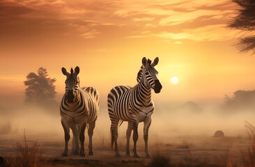 Fototapeta na wymiar zebras eating their meal on a plain at sunset