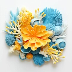 Blue tosca yellow coral set on white background.  Generative AI