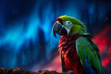 Aurora Avian Elegance: Vibrant Macaw in the Midnight Sky