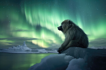 Obraz na płótnie Canvas Arctic Dreamscape: Baboon Silhouette under the Northern Lights