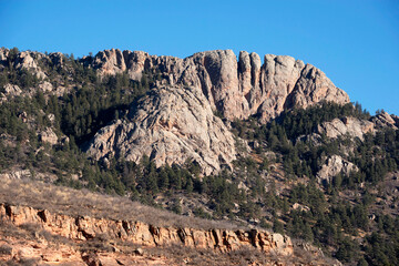 Horsetooth mountain rock formation is a distinctive geological and popular mountain landmark in Fort Collins, Colorado, USA
