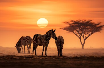 Fototapeta na wymiar zebras eating their meal on a plain at sunset