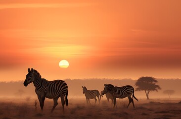 Fototapeta na wymiar zebras eating their meal on a plain at sunset