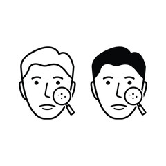 Dermatology Examination of Man Skin Line and Silhouette Icon Set. Facial Skin Care Symbol Collection. Checkup of Boy Skin Face with Magnifier Pictogram. Skincare Sign. Isolated Vector Illustration.