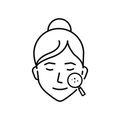 Dermatology Examination of Woman Skin Line Icon. Checkup of Girl Skin Face with Magnifier Linear Pictogram. Facial Skin Care Outline Icon. Editable Stroke. Isolated Vector Illustration
