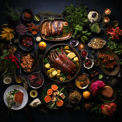 Dinner feast. Flat lay image.