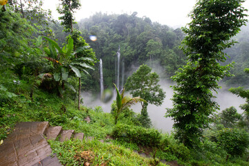 A misty view of a waterfall in a lush green forest from a staircase viewpoint