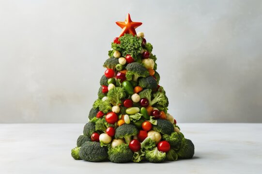 A Christmas tree made of healthy vegetables. A Christmas tree made of healthy vegetables such as tomatoes, broccoli, carrots, beans and others. horizontal format, a Christmas tree in the center on the