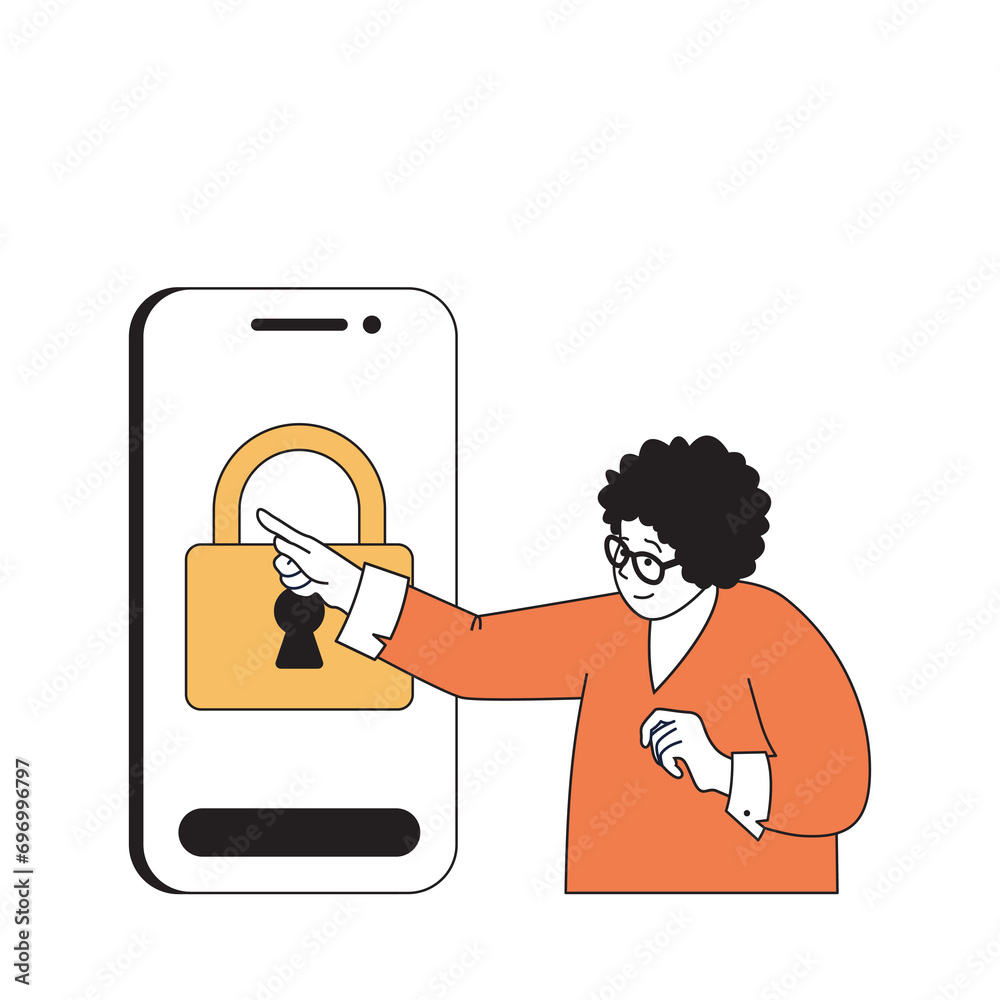 Poster Cyber security concept with cartoon people in flat design for web. Woman using protective padlock password for unlocking mobile phone. Vector illustration for social media banner, marketing material.