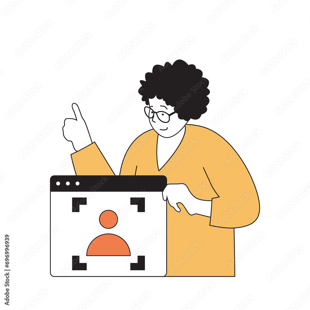 Poster cyber security concept with cartoon people in flat design for web. woman using biometrics protection