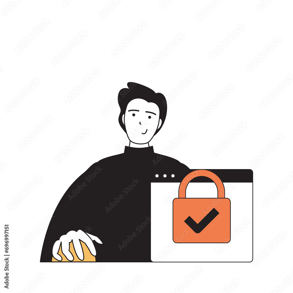Aufkleber cyber security concept with cartoon people in flat design for web. man using padlock protection syst