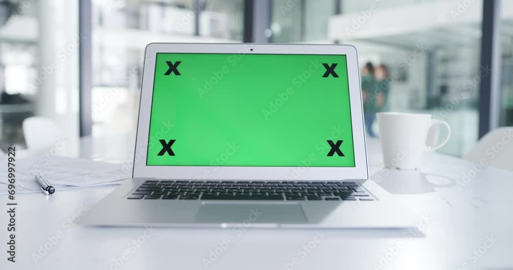 Poster laptop, mockup with green screen and advertising, ads for website with technology and information on