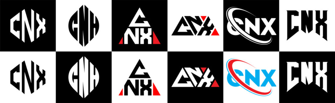 CNX letter logo design in six style. CNX polygon, circle, triangle, hexagon, flat and simple style with black and white color variation letter logo set in one artboard. CNX minimalist and classic logo