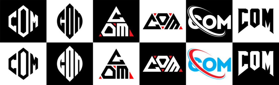COM letter logo design in six style. COM polygon, circle, triangle, hexagon, flat and simple style with black and white color variation letter logo set in one artboard. COM minimalist and classic logo