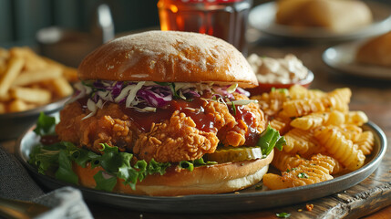 Delicious Chicken Sandwhich with Fries and Soda