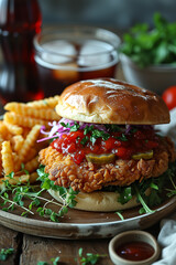 Delicious Chicken Sandwhich with Fries and Soda