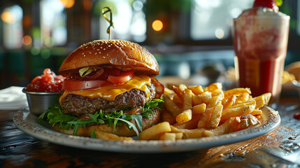 Delicious Hamburger, Fries and Strawberry Milkshake
