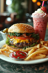 Delicious Hamburger, Fries and Strawberry Milkshake