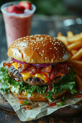 Delicious Hamburger, Fries and Strawberry Milkshake