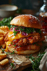 Delicious Chicken Sandwhich with Fries and Soda