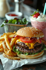 Delicious Hamburger, Fries and Strawberry Milkshake