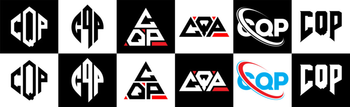 CQP letter logo design in six style. CQP polygon, circle, triangle, hexagon, flat and simple style with black and white color variation letter logo set in one artboard. CQP minimalist and classic logo
