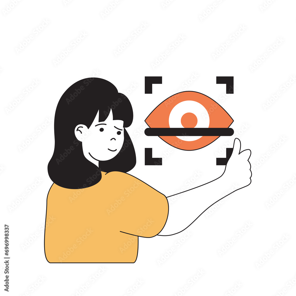 Aufkleber cyber security concept with cartoon people in flat design for web. woman using biometrics protection