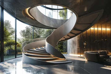 Papier Peint photo Helix Bridge the imagination with a breathtaking image of a luxury house's interior, featuring an intertwining staircase that defines modern architectural beauty