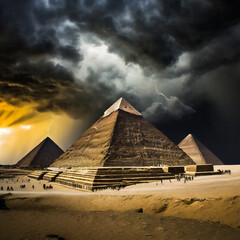 Fototapeta na wymiar An image of pyramids with dark storm clouds as the background.
