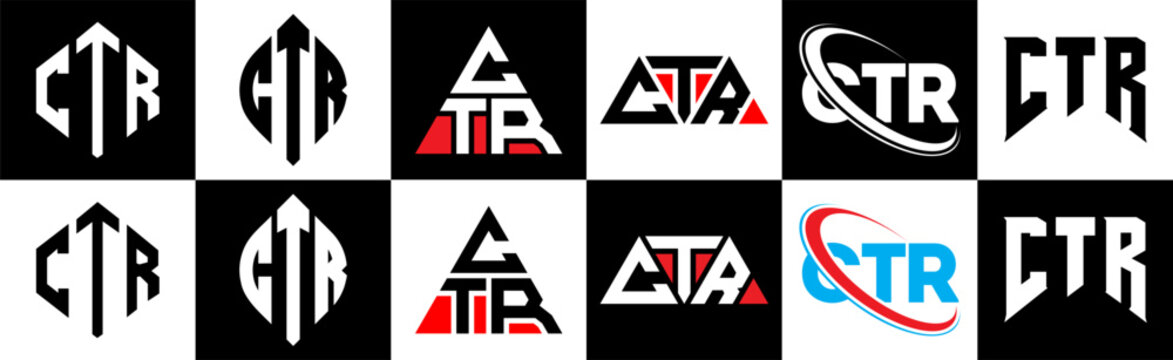 CTR letter logo design in six style. CTR polygon, circle, triangle, hexagon, flat and simple style with black and white color variation letter logo set in one artboard. CTR minimalist and classic logo