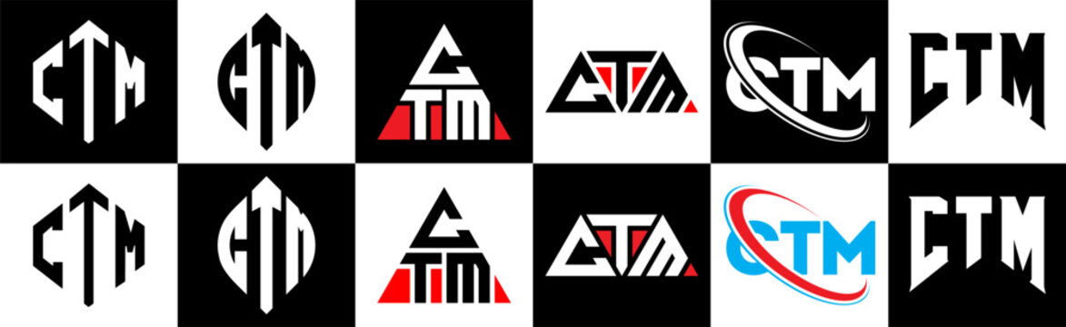CTM letter logo design in six style. CTM polygon, circle, triangle, hexagon, flat and simple style with black and white color variation letter logo set in one artboard. CTM minimalist and classic logo