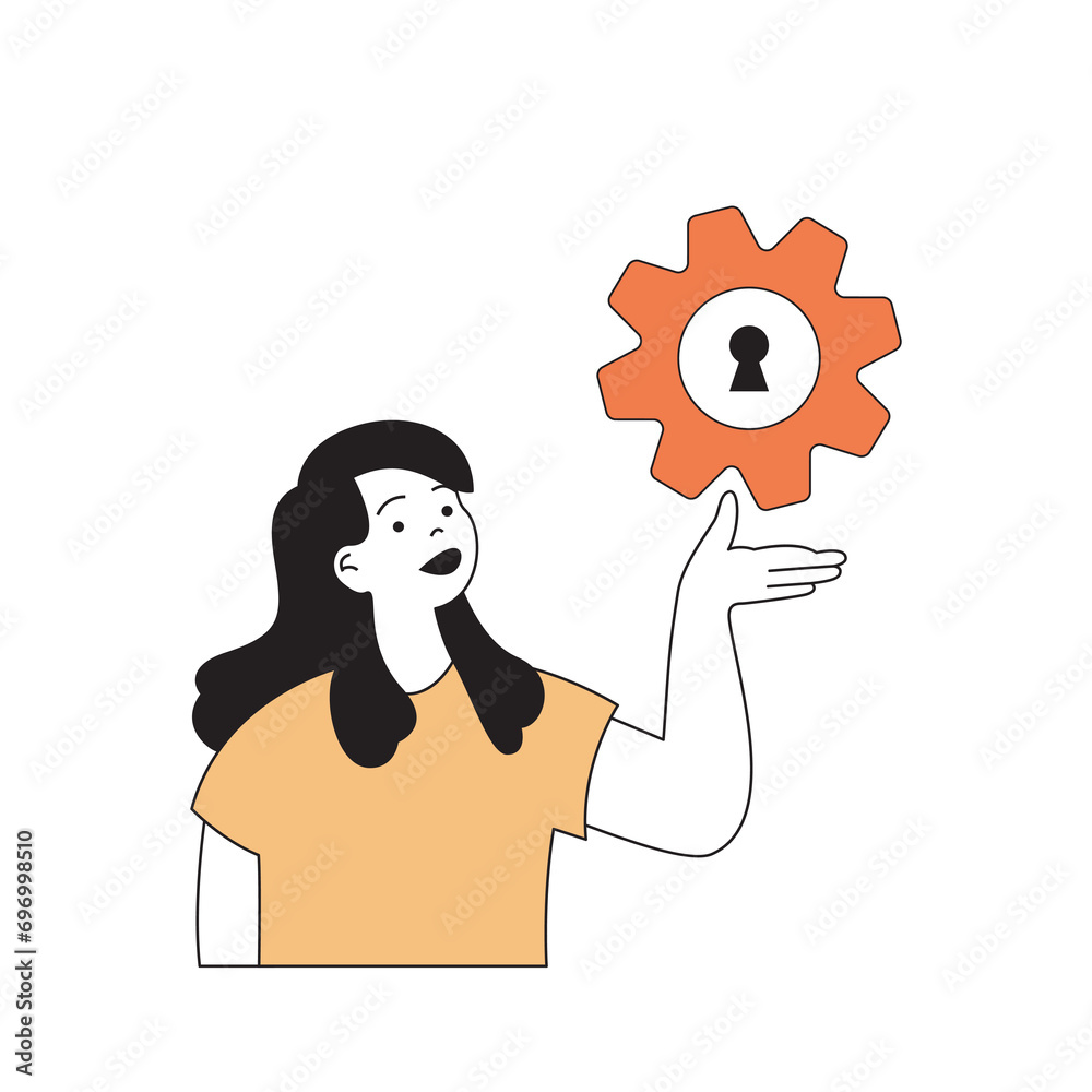 Poster cyber security concept with cartoon people in flat design for web. woman setting and managing protec