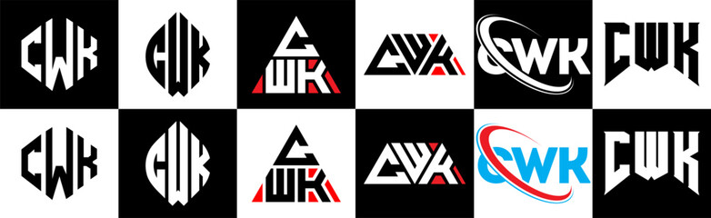CWK letter logo design in six style. CWK polygon, circle, triangle, hexagon, flat and simple style with black and white color variation letter logo set in one artboard. CWK minimalist and classic logo