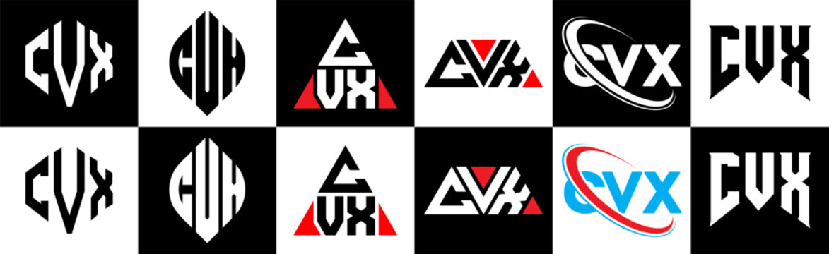 CVX letter logo design in six style. CVX polygon, circle, triangle, hexagon, flat and simple style with black and white color variation letter logo set in one artboard. CVX minimalist and classic logo