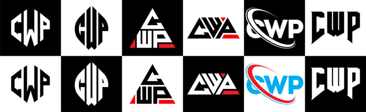 CWP letter logo design in six style. CWP polygon, circle, triangle, hexagon, flat and simple style with black and white color variation letter logo set in one artboard. CWP minimalist and classic logo