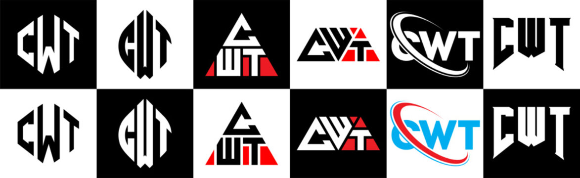 CWT letter logo design in six style. CWT polygon, circle, triangle, hexagon, flat and simple style with black and white color variation letter logo set in one artboard. CWT minimalist and classic logo