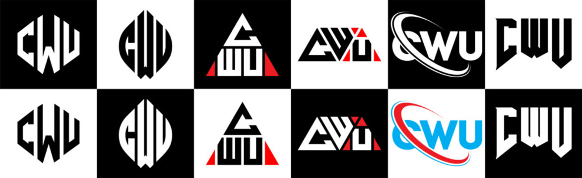 CWU letter logo design in six style. CWU polygon, circle, triangle, hexagon, flat and simple style with black and white color variation letter logo set in one artboard. CWU minimalist and classic logo